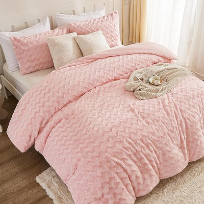 Andency Pink Fleece Comforter Set Queen Size, 3 Pieces Plush Shaggy Faux Fur Bed Comforter Set for Queen Bed, Fuzzy Fluffy Warm Bedding Set for Women Girls
