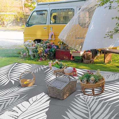 GENIMO Outdoor Rug 9' x 18' Waterproof for Patios Clearance, Reversible, Plastic Straw Camping Rug Carpet, Large Area Rugs Mats for RV, Picnic, Backyard, Deck, Balcony, Porch, Beach, Grey&White