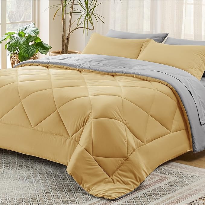 Bedsure Yellow California King Size Comforter Set - 7 Pieces Reversible Cal King Bed in a Bag California King Bed Set with Comforters, Sheets, Pillowcases & Shams,