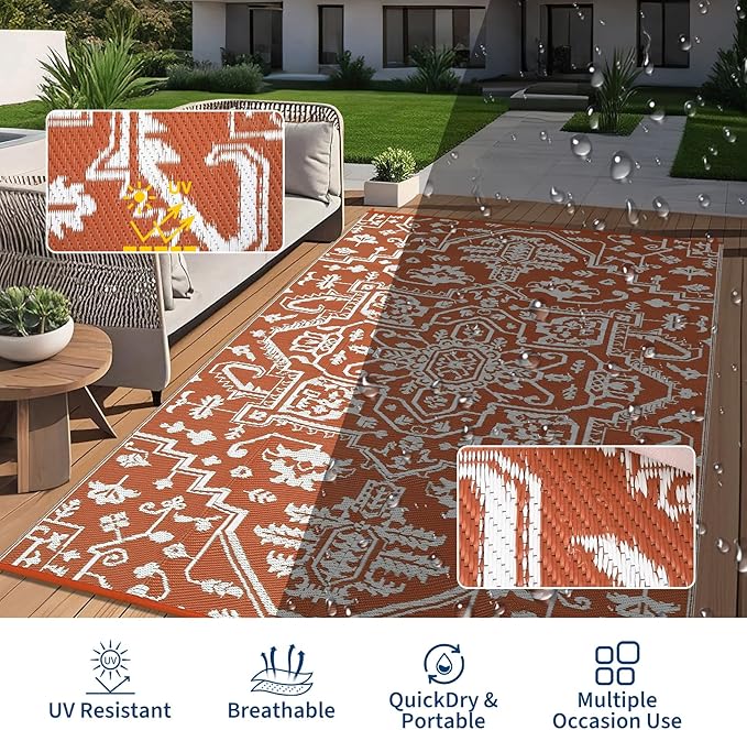 Waterproof Outdoor Rug 9x18 Reversible Plastic Straw Patio Rug, Stain-Resistant Vintage Medallion Carpet, Large Indoor Outdoor RV Mat for Deck, Camping, Balcony, Vintage Terracotta Brick/White