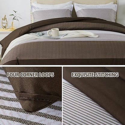 Andency Stripe Comforter Set Twin Size (66x90 Inch), 2 Pieces Brown Patchwork Striped Comforter, Soft Microfiber Down Alternative Comforter Bedding Set with Corner Loops