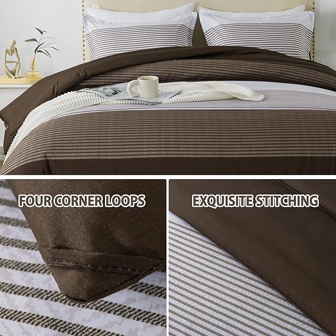 Andency Stripe Comforter Set King Size (104x90 Inch), 3 Pieces Brown Patchwork Striped Comforter, Soft Microfiber Down Alternative Comforter Bedding Set with Corner Loops