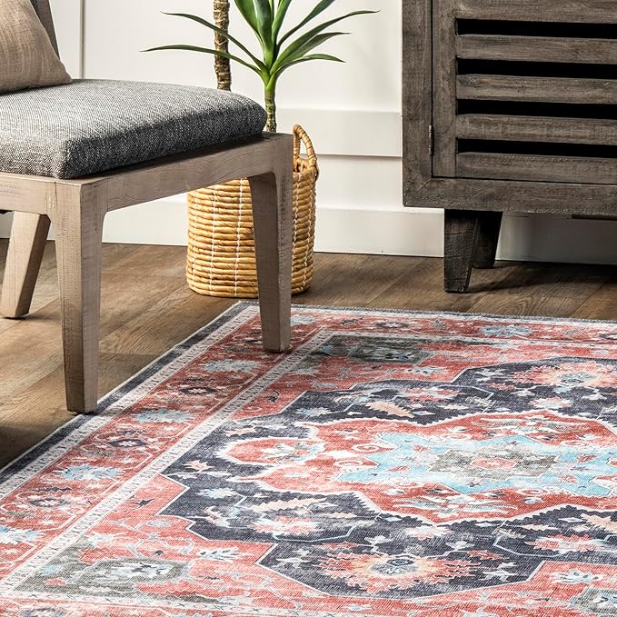 nuLOOM Jay Persian Medallion Machine Washable Ultra Thin Area Rug, 8' x 10', Red