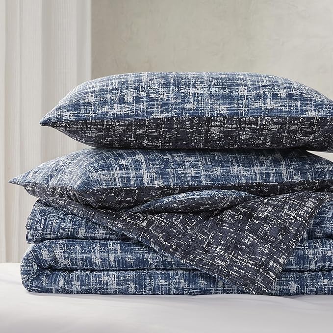 Hyde Lane Comforter King Size for Men, Blue Modern Farmhouse Aesthetic Soft Bedding Set, Masculine Plaid Lines Pattern Bed Sets for All Season, 3 Pieces includes 1 Comforter, 2 Shams (104"x 90")