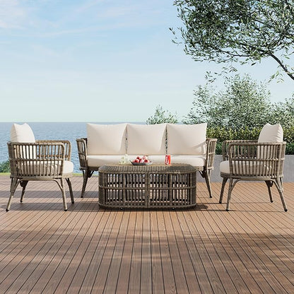Furniture 4-Piece Outdoor Patio Conversation Seating for 5 Person and Coffee Table, Rattan Chair Wicker Sofa Bistro Sets for Porch, Backyard and Garden, Brown