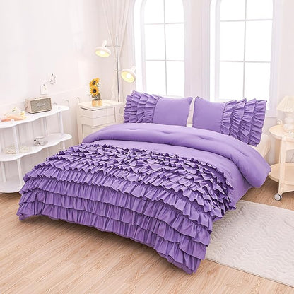 Purple Comforter Set Full Size, Light Purple Boho Ruffle Bedding Set, 3Pcs Kids Girls Full Size Bedding Sets for All Season
