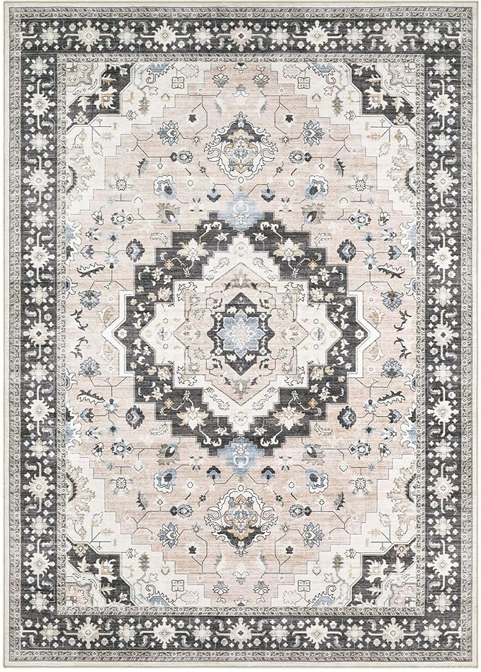 Washable Area Rugs for Living Room - 9x12 Neutral Vintage Distressed Floral Farmhouse Boho Large Soft Floor Rug Indoor Non Slip Carpet for Bedroom Dining Room Office - Pink/Dark Green