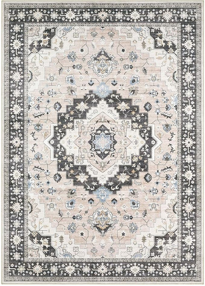 Washable Area Rugs for Living Room - 9x12 Neutral Vintage Distressed Floral Farmhouse Boho Large Soft Floor Rug Indoor Non Slip Carpet for Bedroom Dining Room Office - Pink/Dark Green
