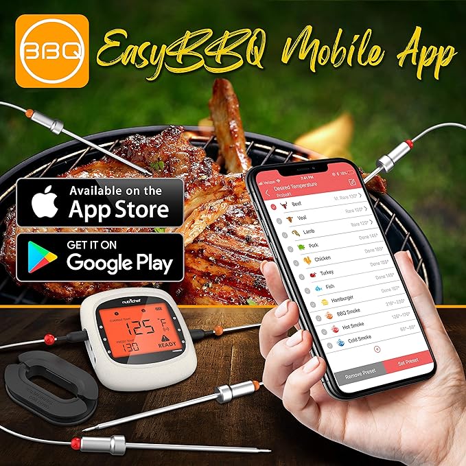 Nutrichef Bluetooth Meat Thermometer for Grilling and Smoking with 4 Wireless Meat Probes, 4 Channels with LCD Display