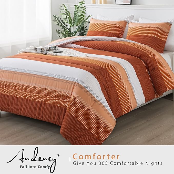 Andency Stripe Comforter Set Twin Size (66x90 Inch), 2 Pieces Terracotta Patchwork Striped Comforter, Soft Microfiber Down Alternative Comforter Bedding Set with Corner Loops