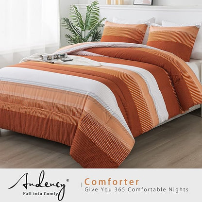 Andency Stripe Comforter Set Twin Size (66x90 Inch), 2 Pieces Terracotta Patchwork Striped Comforter, Soft Microfiber Down Alternative Comforter Bedding Set with Corner Loops