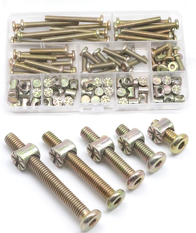 Baby Bed Screws Bolts Kit, cSeao M6 Hex Drive Socket Cap Bolts Barrel Nuts Assortment Kit, M6 x 15mm/ 25mm/ 35mm/ 45mm/ 55mm for Crib Cot Chairs, 100pcs Zinc Plated