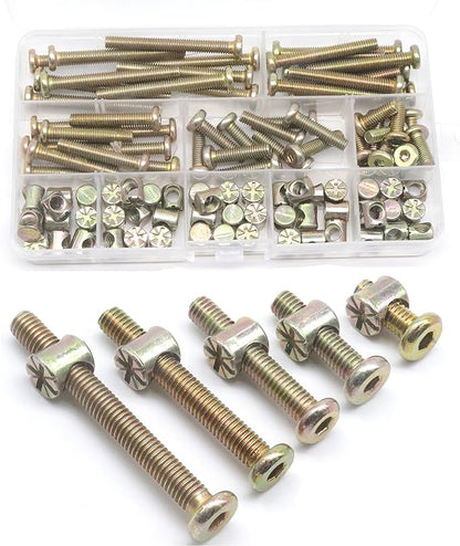 Baby Bed Screws Bolts Kit, cSeao M6 Hex Drive Socket Cap Bolts Barrel Nuts Assortment Kit, M6 x 15mm/ 25mm/ 35mm/ 45mm/ 55mm for Crib Cot Chairs, 100pcs Zinc Plated