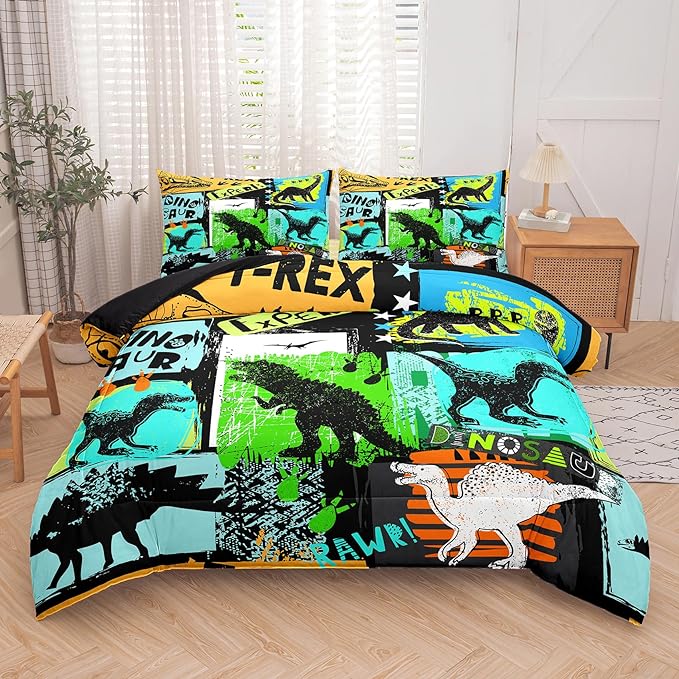 NINENINE Dinosaur Bedding Sets,Watercolor Dinosaur Comforter Set for boys kids,Full Size Comforter Sets for Kids,Colorful Plaid Bedding Set with 1 Comforter 2 Pillowcases…