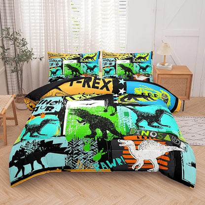 NINENINE Dinosaur Bedding Sets for Kids,Watercolor Dinosaur Comforter Set,Twin Size Bedding Sets for Kids,Colorful Plaid Bedding Set with 1 Comforter 1 Pillowcase…