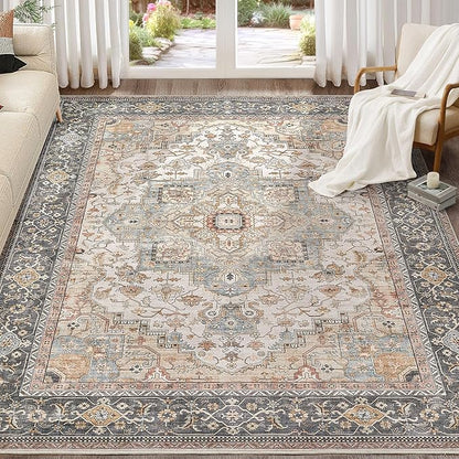 Washable Area Rugs for Living Room - 7x9 Neutral Vintage Distressed Floral Farmhouse Boho Large Soft Floor Rug Indoor Non Slip Carpet for Living Room Bedroom Dining Room Office - Forest Green Orange