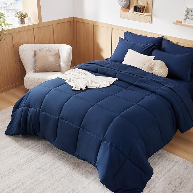 Bedsure Navy Twin XL Comforter Set - 5 Pieces Solid Twin XL Bed in a Bag for College, Twin XL Bed Set with Comforters, Sheets, Pillowcase & Sham, Extra Long Twin Comforter Set