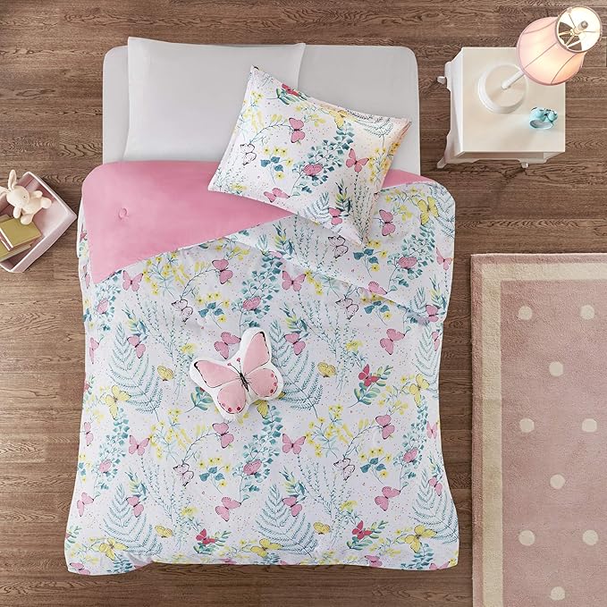 Mi Zone Kids Cynthia Comforter for Girls Microfiber Animal Butterfly Print, Modern All Season Down Alternative Kids Bed Set, Matching Sham, Decorative Pillow, Full/Queen, Pink 4 Piece