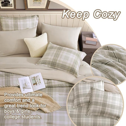 Beige Queen Bed Set, Khaki Green Plaid Comforters Queen Size for Boys & Girls,Classic Homestead-style Queen Size Comforter Sets with Sheets and Comforter Set