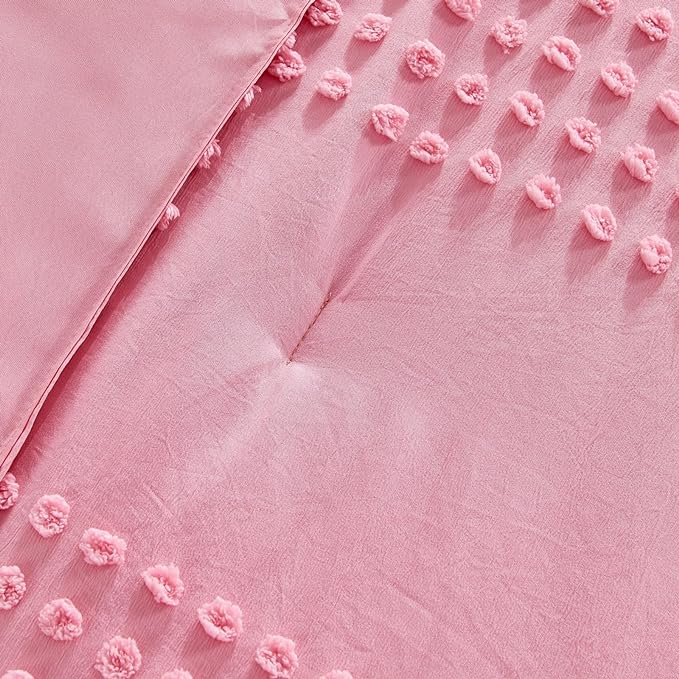ENJOHOS Girls Queen Comforter Bedding Set Pink, 3 PCS Boho Comforter with Tufted Dots, Shabby Chic Bedding Comforter for All Season, Lightweight Fluffy Microfiber Comforter with 2 Pillowcases