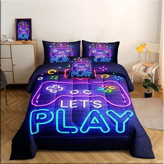 6 Pieces Gamer Bedding Set for Boys Gaming Comforter Full Size, Game Controller Comforter for Teen 3D Gamepad Microfiber 6 Piece Bed in A Bag Kids Bedding Sets with Sheets,DJT H5030 Full