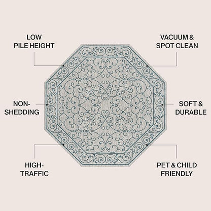 JONATHAN Y Vintage Filigree Indoor Outdoor Octagon Area Rug 5 Ft Gray/Teal, Charleston Textured Weave for Backyard, Patio, Porch, Easy-Cleaning, High Traffic, Pet-Friendly, Non-Shedding SMB106E-5TGN
