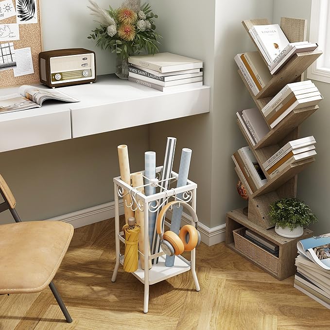 Hoctieon 6 Tier Tree Bookshelf, Tall Bookcase with Drawer, Freestanding Book shelf, Display Floor Standing Storage Shelf, Book Organizer Shelves for Home Office, Living Room, Bedroom, Greige
