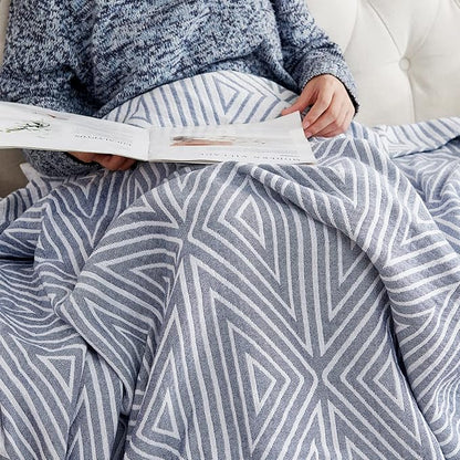 jinchan Boho 100% Cotton Blanket Muslin 50x60 Inches Lightweight 3-Layer Geometric Triangle Striped Pattern Reversible Quilt Throw Soft Breathable Comfy All Seasons for Couch Bed Decor, Blue