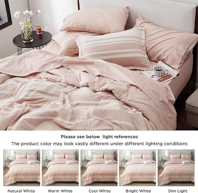 Bedsure Bed in a Bag Full Size 7 Pieces, Dusty Pink White Striped Bedding Comforter Sets All Season Bed Set, 2 Pillow Shams, Flat Sheet, Fitted Sheet and 2 Pillowcases