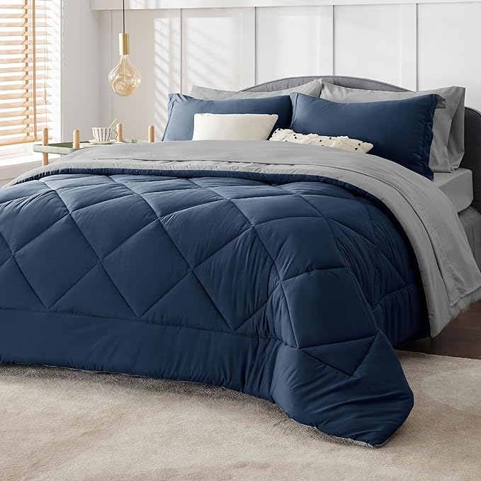 Bedsure Navy Full Size Bed in a Bag - 7 Pieces Reversible Comforter Set Full Bed Set with Comforters, Sheets, Pillowcases & Shams, Full Bedding Sets