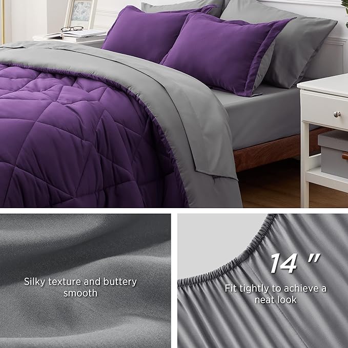 Bedsure Purple Full Comforter Set - 7 Pieces Reversible Bed Set Bed in a Bag Full with Comforters, Sheets, Pillowcases & Shams, Full Bedding Sets