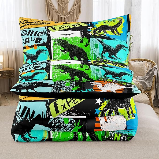 NINENINE Dinosaur Bedding Sets for Kids,Watercolor Dinosaur Comforter Set,Twin Size Bedding Sets for Kids,Colorful Plaid Bedding Set with 1 Comforter 1 Pillowcase…