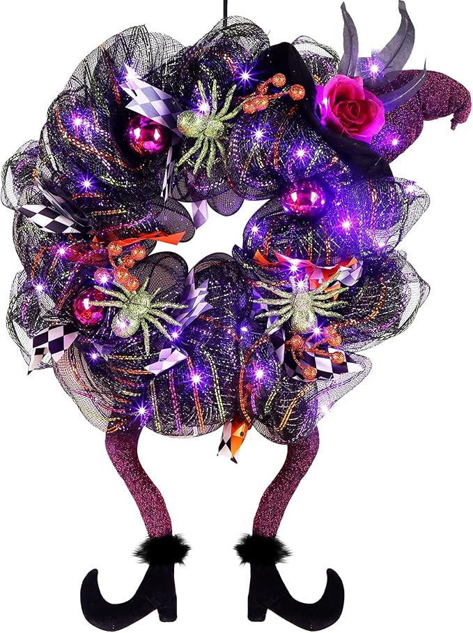 Lulu Home Halloween Front Door Wreath, Purple LED Lighted Witch Hat Wreath, Battery Operated, NOT PRELIT