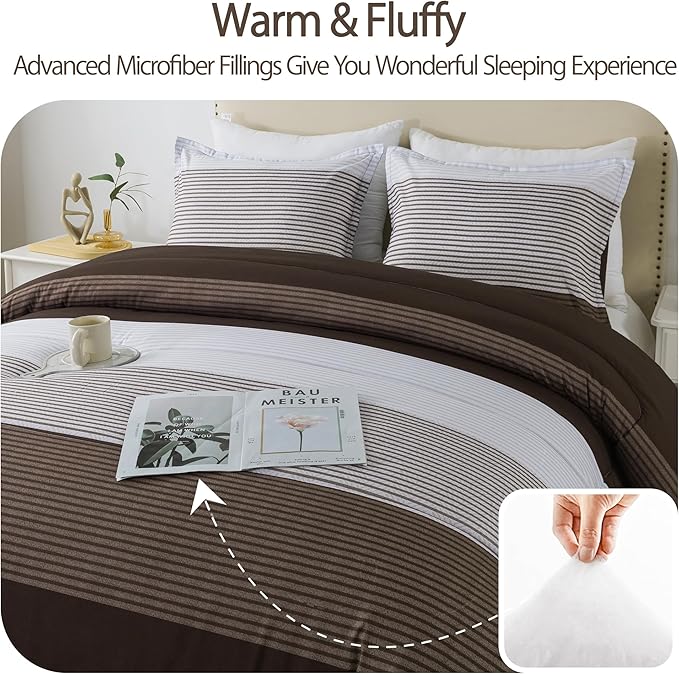 Andency Stripe Comforter Set Full Size (79x90 Inch), 3 Pieces Brown Patchwork Striped Comforter, Soft Microfiber Down Alternative Comforter Bedding Set with Corner Loops