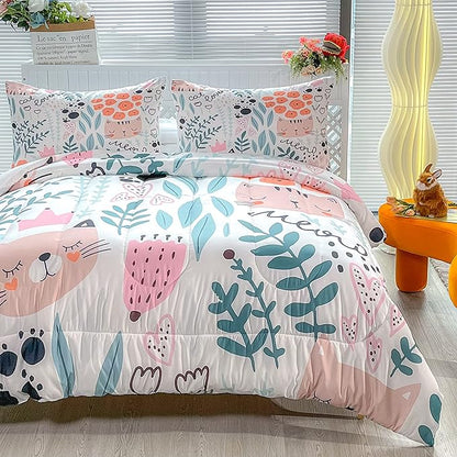CVHOUSE Cat Bedding,Cartoon Cat Comforter Full,Animals Print Comforter Set for Kids,Kawaii Quilt Set with 1 Comforter and 2 Pillow Cases