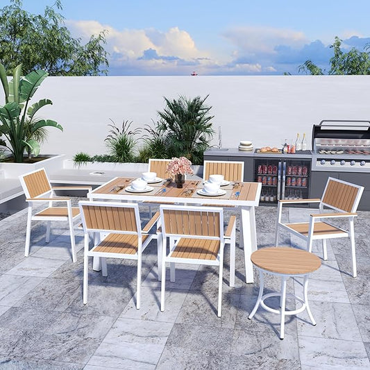Pamapic 8-Piece Patio Dining Set，Outdoor Aluminum Furniture Set with Plastic-Wood Table Top,Outdoor Furniture Set with 6 Outdoor Stackable Chairs for Patio Garden Poolside (White)