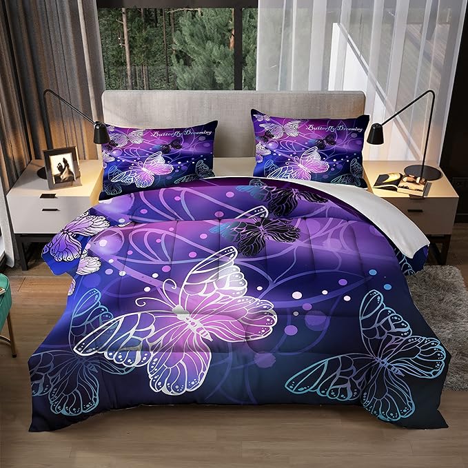 Sunnycitron 3D Purple Butterfly Bedding Queen Comforter Set Dreamy Butterfly Comforter Set for Girls Neon Butterflies Purple Bed Comforter (1 Comforter + 2 Pillowcases),Easy-Wash Fade Resistant