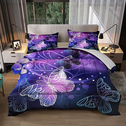 Sunnycitron 3D Purple Butterfly Bedding Queen Comforter Set Dreamy Butterfly Comforter Set for Girls Neon Butterflies Purple Bed Comforter (1 Comforter + 2 Pillowcases),Easy-Wash Fade Resistant
