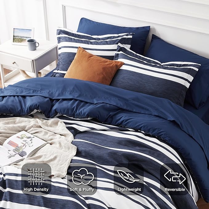 Bedsure Bed in a Bag Full Size 7 Pieces, Navy White Striped Bedding Comforter Sets All Season Bed Set, 2 Pillow Shams, Flat Sheet, Fitted Sheet and 2 Pillowcases