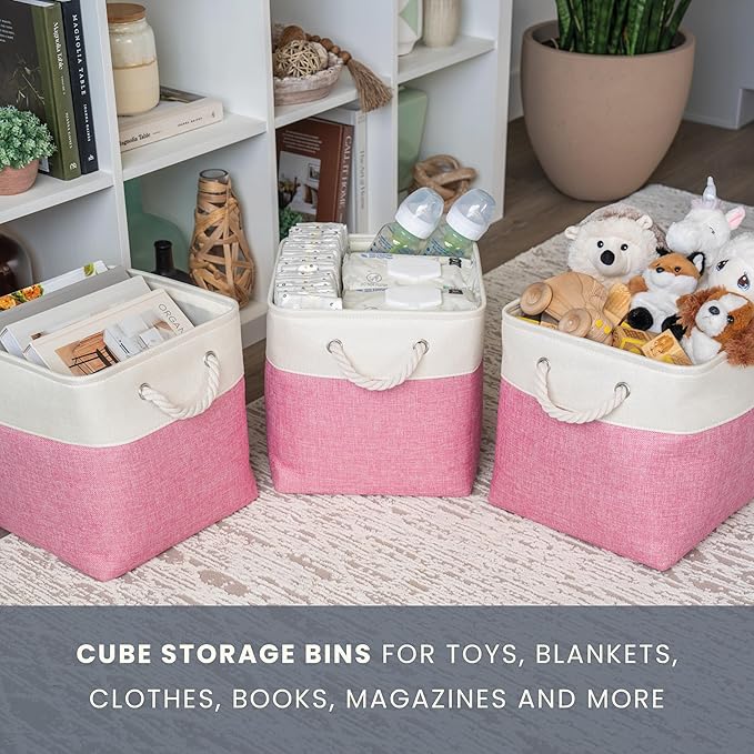 OrganiHaus 11x11 Cube Storage Bins 4 Pack, Foldable Cube Storage Organizer w/ Rope Handles, Collapsible Fabric Bins for Toys, Clothes & Closet Organization, Fabric Square Baskets - Pink/White