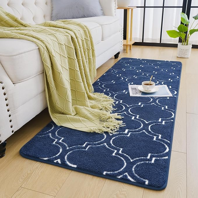 Chicrug Shag Geometric Modern Runner Rug for Bedroom, 2x6 Feet Memory Foam Indoor Hallway Runner Carpet, Fluffy Rug for Living Room Bedside Room Decor for Family, Navy/White