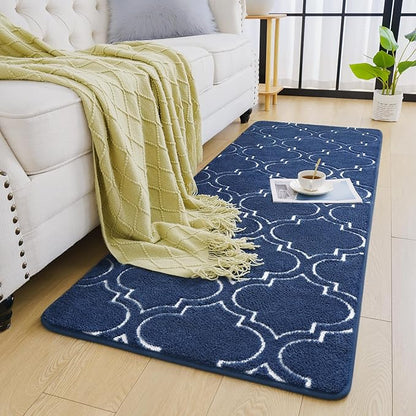 Chicrug Shag Geometric Modern Runner Rug for Bedroom, 2x6 Feet Memory Foam Indoor Hallway Runner Carpet, Fluffy Rug for Living Room Bedside Room Decor for Family, Navy/White