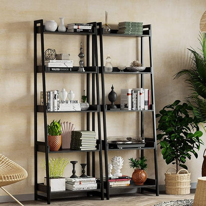 IRONCK Industrial Bookshelf 5-Tier, Bookcase Ladder Shelf, Storage Shelves Rack Shelf Unit, Accent Furniture Metal Frame, Home Office Furniture for Bathroom, Living Room