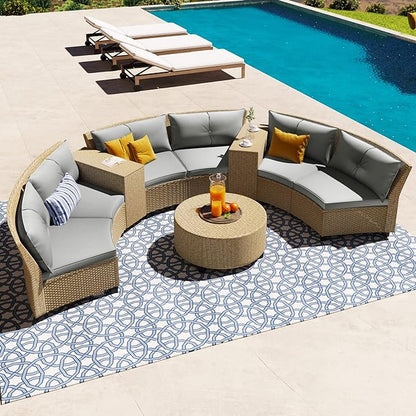 Outdoor 9 Pieces Patio Furniture Half Moon Wicker Sofa Sets, Fan-Shaped Curved Sectional Couch with Coffee Table and Gray Cushions, 1, Brown Rattan