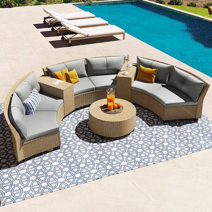 9 Pieces Outdoor Furniture Half Moon Wicker Patio Sets with Coffee Table, All-Weather Fan-Shaped Curved Sectional Sofa Couch with Gray Cushions, Onesize, Brown Rattan