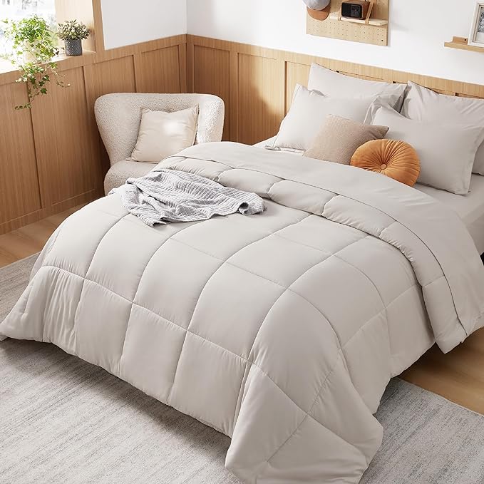 Bedsure Beige Twin Comforter Set - 5 Pieces Solid Twin Bed in a Bag, Twin Bed Set Beige with Quilted Warm Fluffy Comforters, Sheets, Pillowcase & Sham