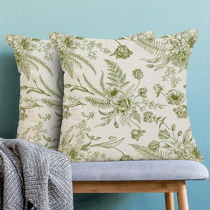 CXMEIFLY Sage Green Spring Pillow Covers 16 x 16 Inch Set of 2 for Chinoiserie Flowers Decor Throw Pillows Floral Leaves Seasonal Plant Outdoor Decorative Cushion Cases for Couch Bed Decorations