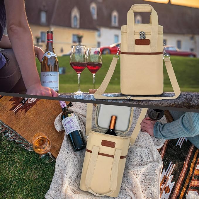 Opux 4 Bottle Insulated Wine Cooler Bag - Leakproof Padded Portable Wine Bottle Carrier for Travel Picnic BYOB Gift (Beige Cream)