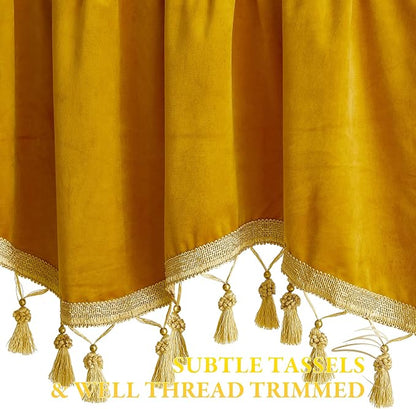 Warm Gold Autumn Tassel Velvet Valances Curtains 52x18 Inch 2 Panels | Rod Pocket Scalloped Tier Curtains, Light Dimming Privacy Protect Window Drapes for Cafe, Holiday Fall Decor