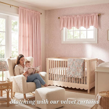 Pink Spring Decor Velvet Window Valance 52x18 Inch 1 Panel | Soft Wavy Pink Kitchen Curtains for Small Windows, Cute Decorative Window Treatment for Nursery Bedroom